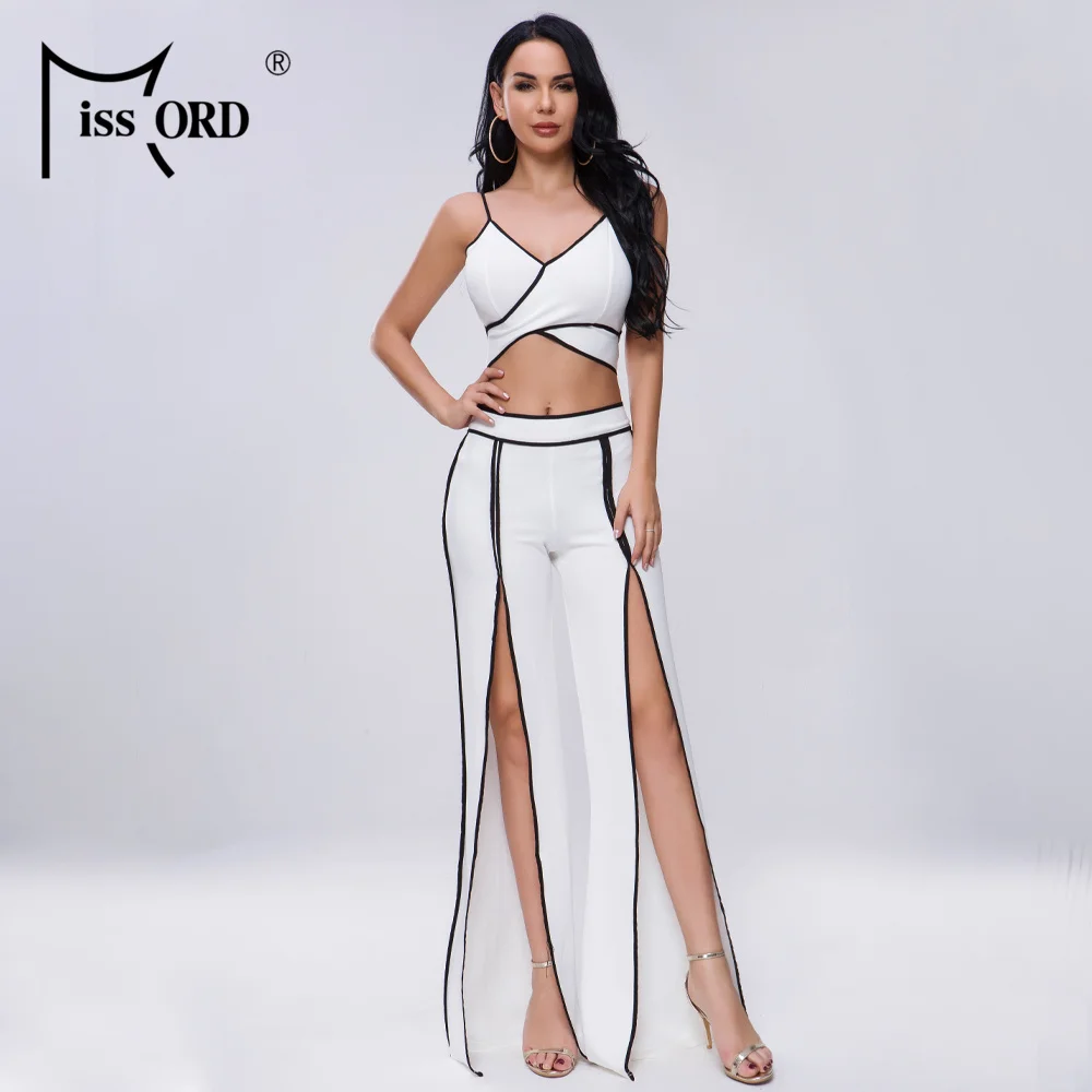 

Missord 2019 Women Sexy Off Shoulder Two Pieces Set High Split White Jumpsuit FT9102-1