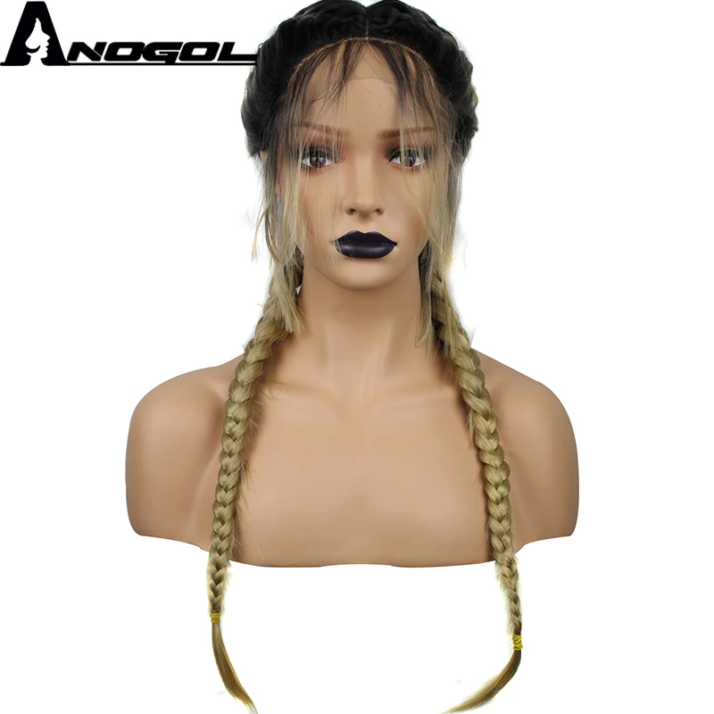 

Anogol Dark Roots Ombre Blonde Boxer Braided High Temperature Fiber Long Double Braids Synthetic Lace Front Wig With Baby Hair