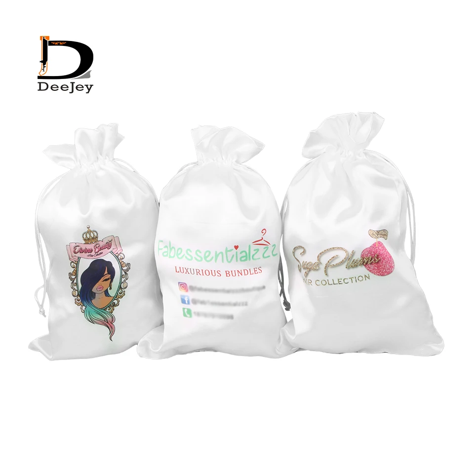 Пользовательские личный бренд drawstring полиэстер атласная сумка из шелка белый черный 18x30 см для Девы волос или вечерние пользу хранения подарочные пакеты