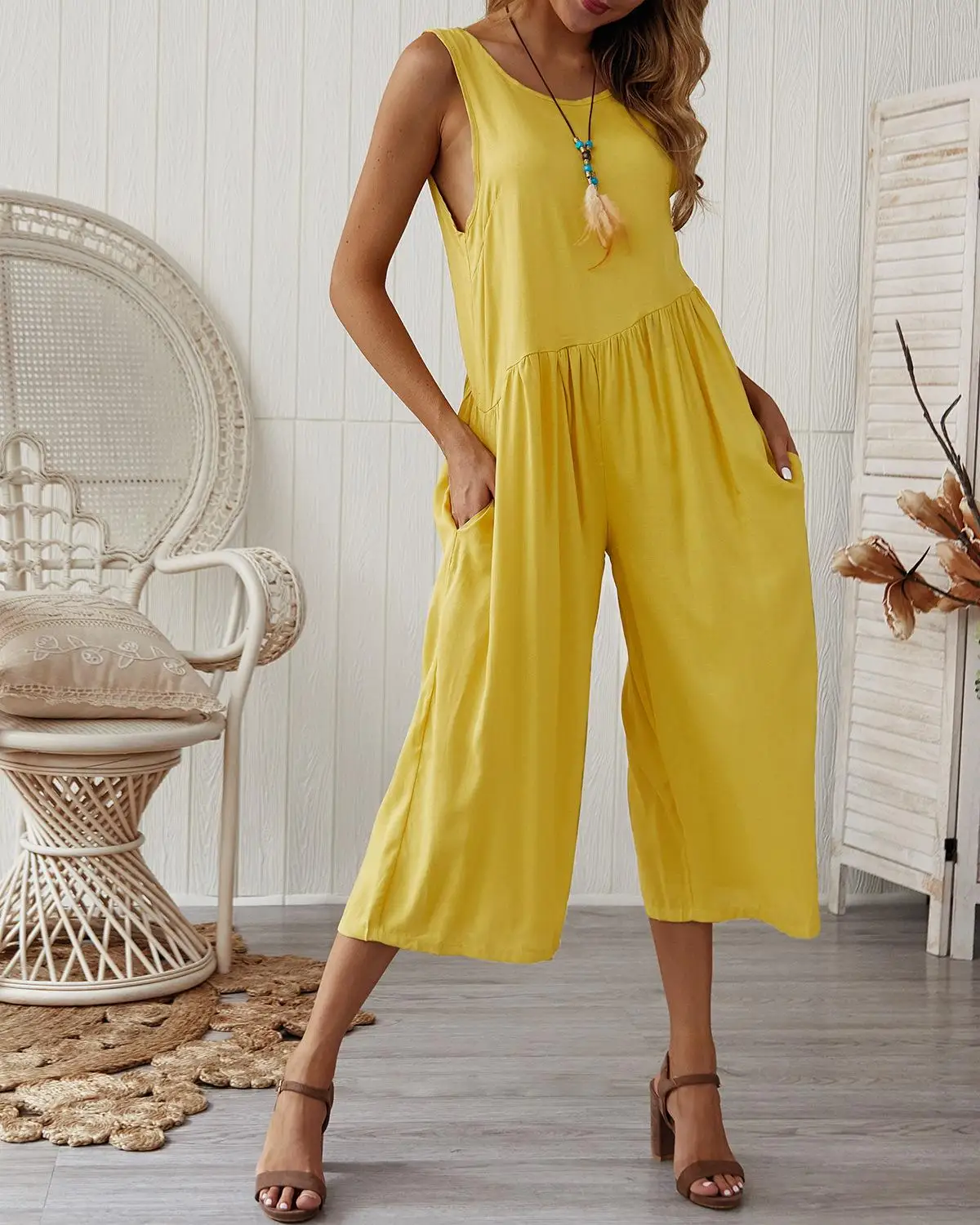 مكتب سيدة عارضة المرأة بذلة ثوب فضفاض فضفاض أكمام Playsuit واسعة الساق فضفاض السراويل ارتداءها الإناث الشيفون حللا