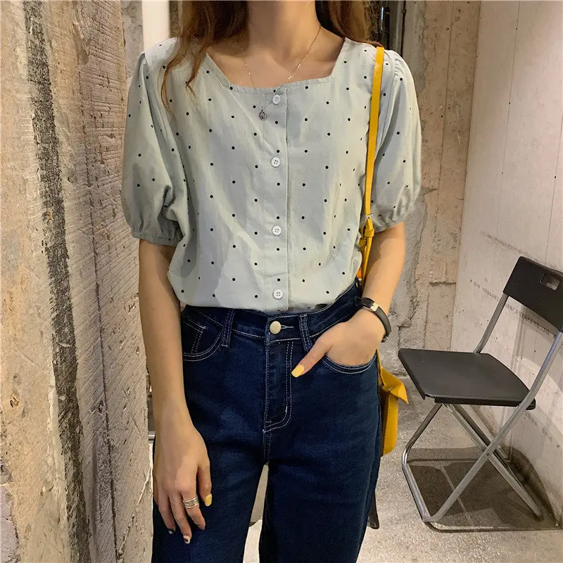 

HziriP 2019 Summer Fresh Polka Dots Loose Short Sleeves Women Casual Square Collar Vintage Fashion Elegant Shirts Tops 2 Colors
