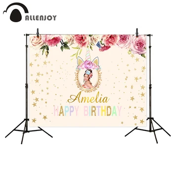 

Allenjoy photography studio funds unicorn flower frame custom gold stars birhtday background for kids photobooth