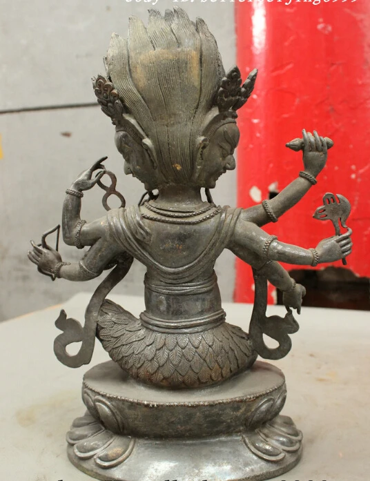 

S0618 Tibet Pure Bronze 3 Head 6 Arms Namgyalma Ushnishavijaya Mahakala Buddha Statue