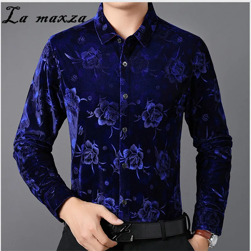 

4xl Plus Size Spring Warm Velvet Floral Shirts Fashion Designer Businiess Casual Long Sleeves Slim Fit Man Blouse 2019