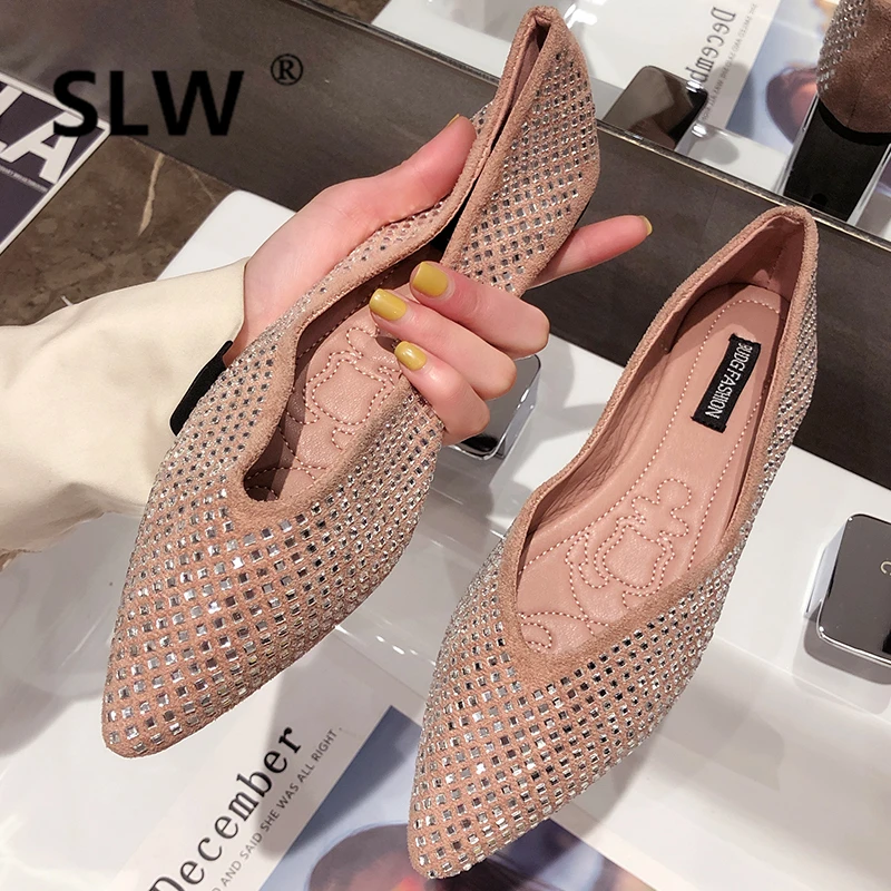 

Fabric Pointed Toe flat Basic Rubber Flock new spring summer Lace-Up Casual Crystal comfortable soft women 2019 Slip-On PU