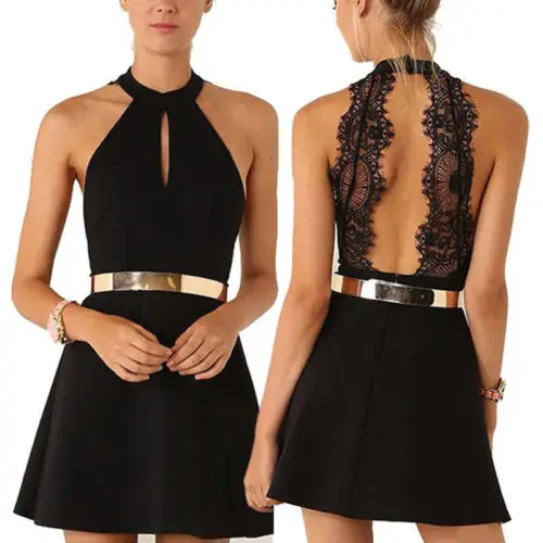 

Women Summer Hollow Out Lace Casual Backless Prom Party Cocktail Lace Short Mini Dresses Plus Size XXL