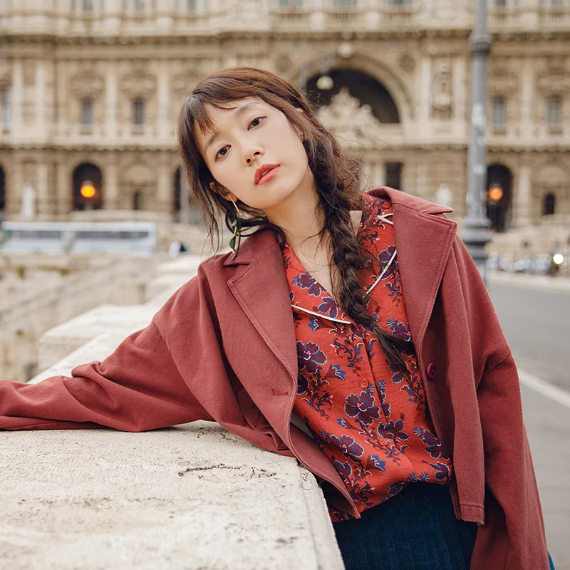 

INMAN Autumn Autumn Stripped Solid Collar Turn Down Collar Short Women Jacket