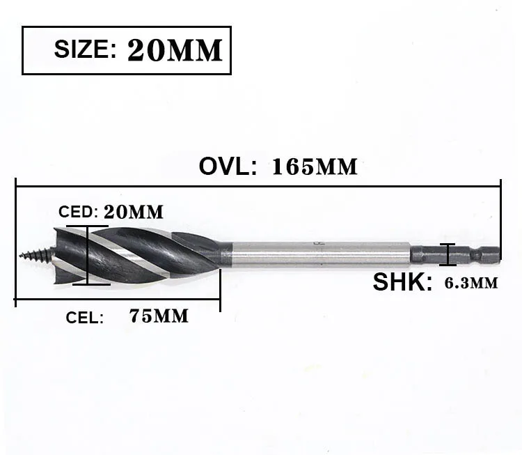 Удлиненное деревообрабатывающее сверло с глубоким отверстием, поворотное сверло с шестигранной ручкой, четыре отверстия с четырьмя лезвиями, открывалка для деревянного замка двери, 6,3 мм хвостовик - Цвет: 20mm
