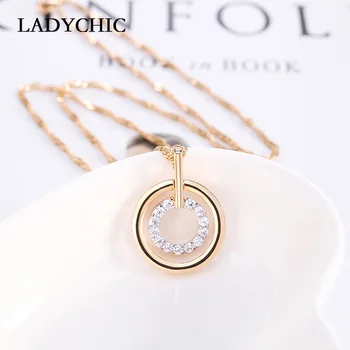 

LADYCHIC High Quality AAA Cubic Zirconia Pendant Necklaces for Women Trendy Gold Color Double Circle Crystal Necklace LN1045