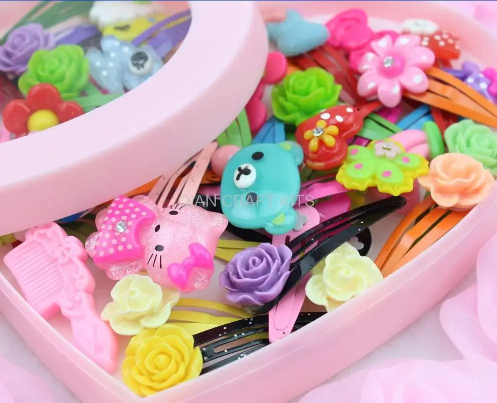 100pcs Adorable Handmade Sweet Kawaii Resin Fabric Gift Snap Hair Clips
