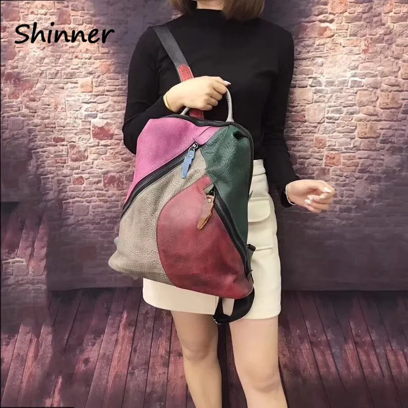 

Vintage Patchwork Genuine Cowhide Leather Backpack Women High Quality Handmade Knapsack Female Big Capacity Sling Bag Packsack