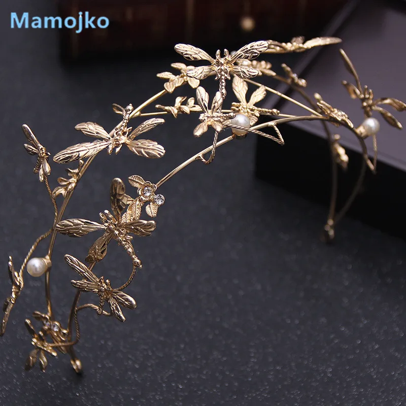 Ceny Mamojko Fashion Bride Tiara Rhinestone Pearl Golden Dragonfly Bridal korona ślubna dla kobiet akcesoria do sukni włosów biżuteria
