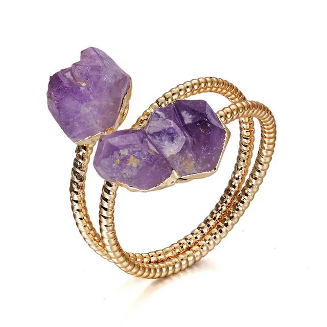 Fashion Amethysts Purple Crystal Rings Vintage Irregular Natural Stone