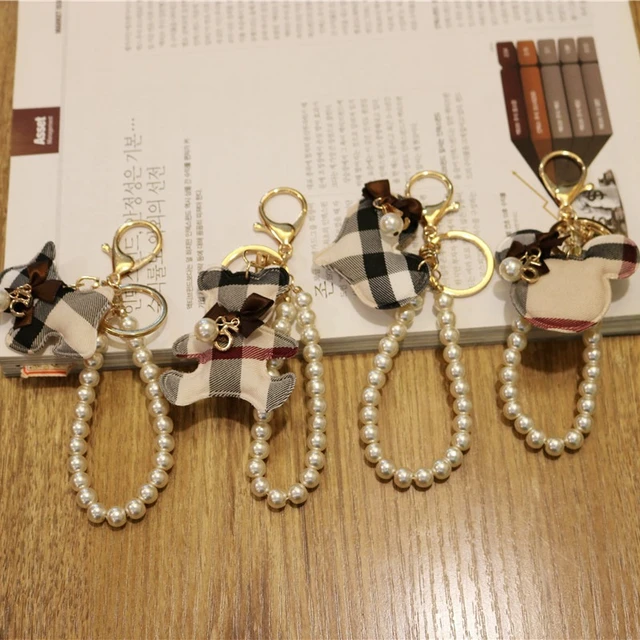 hand-made plaid bear key love Simulation Pearl bag jewelry keychain women bag  charm llaveros pompom - AliExpress