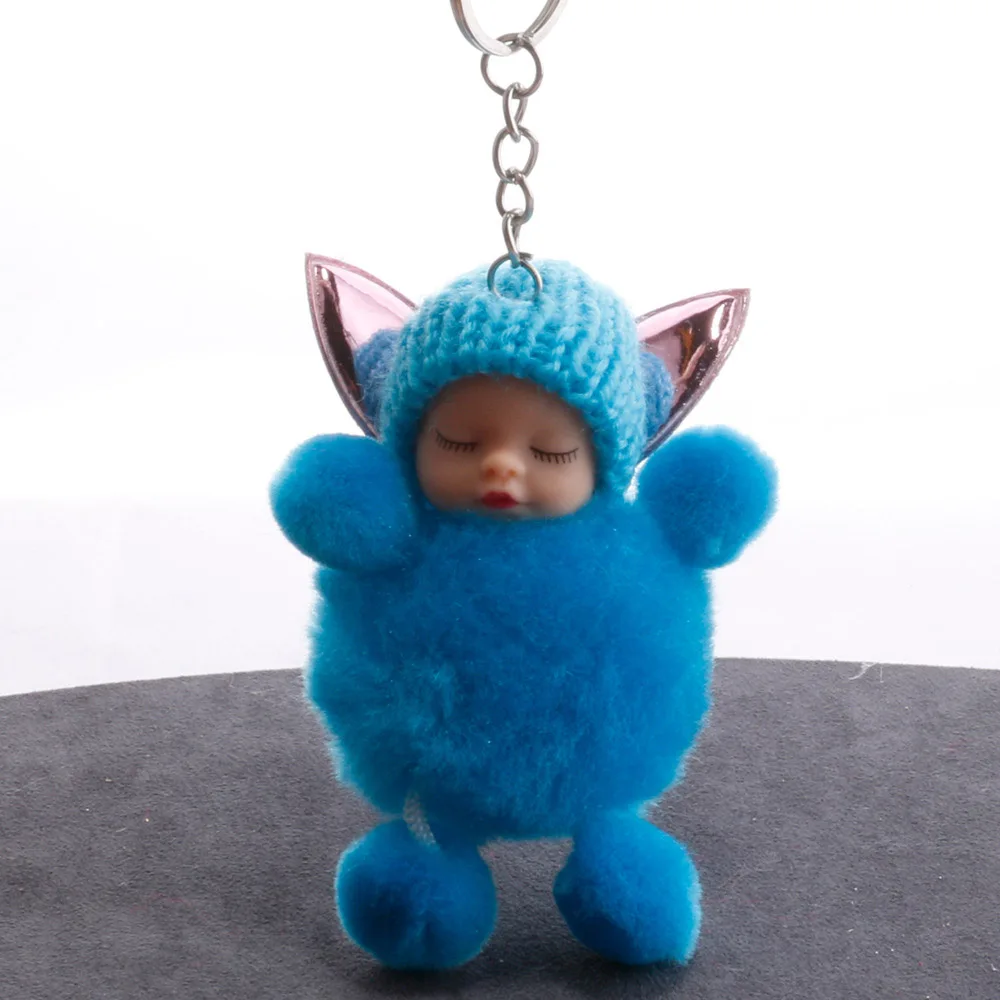 Мини Плюшевые Kawaii Спящая кукла мех мягкие игрушки для ключей Симпатичные Детские плюшевые куклы помпон пушистый автомобиль брелок-подвеска подарок для маленьких девочек - Цвет: Синий