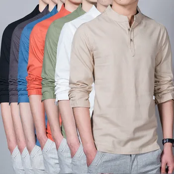 

New 2017 Summer Men Casual Shirts Linen Solid Color Shirt Fashion Long Sleeve Brand Shirt 7 Colors/M-5XL 155-m101