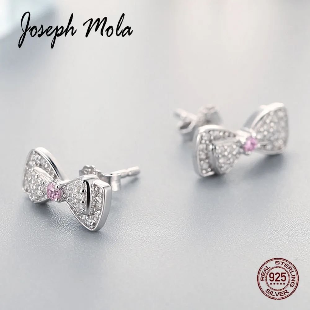 

Joseph Mola 925 Sterling Silver Elegant Bow Clear Pink CZ Stone Stud Earrings For Women Engagement Wedding Birthday Gift