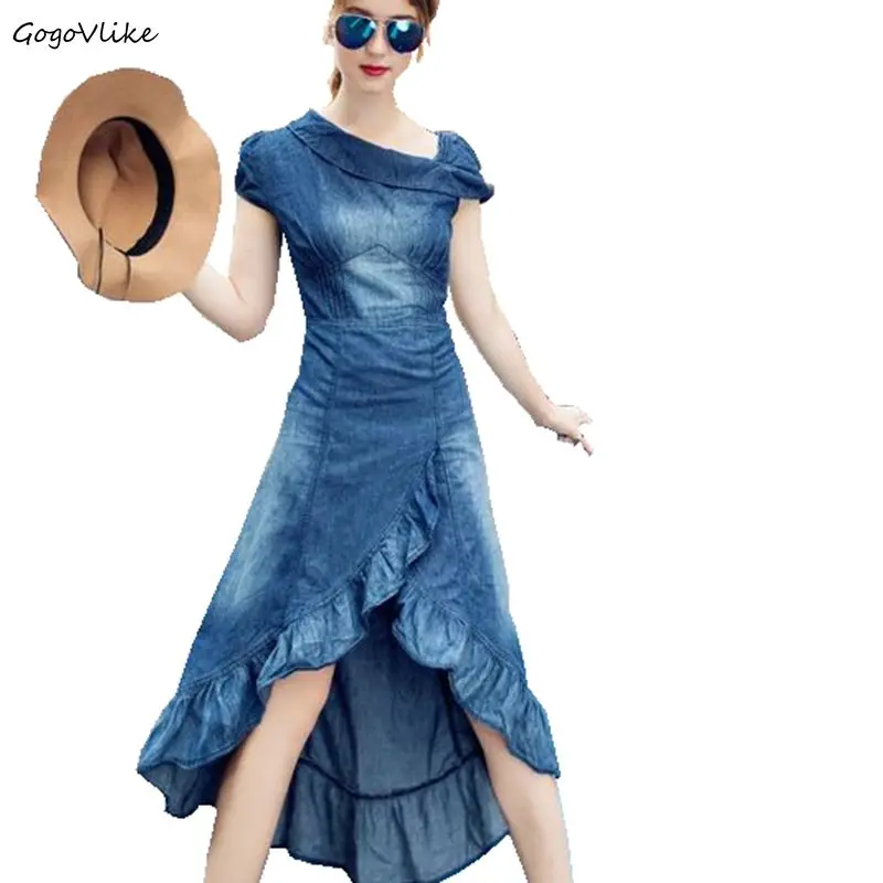 2018 NEW Jeans Dress Women maxi jean Summer Long Denim Dress mermaid ruffle Bohenim Vestido Female fishtail Jeans Dress LT015