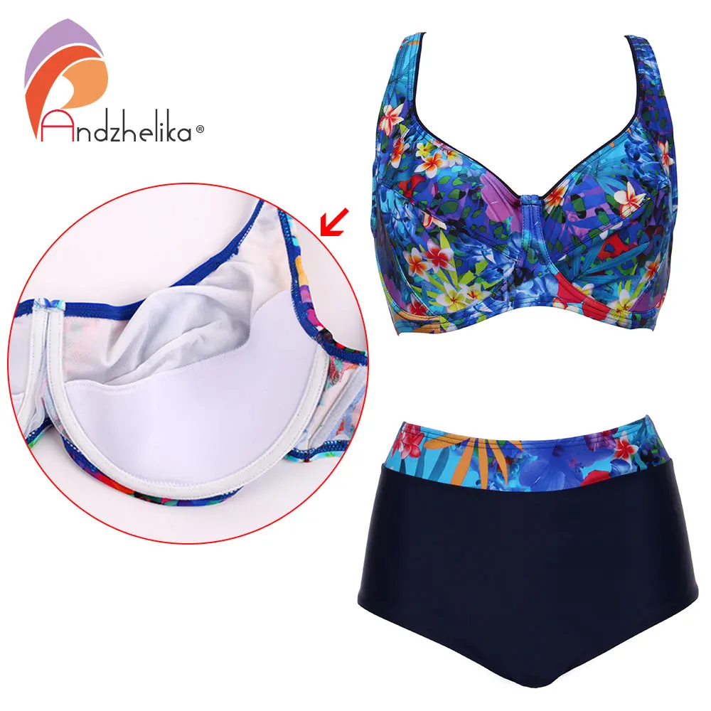 baratas Andzhelika Plus Size Swimwear Cintura Alta Bikinis Sexy Mulheres Profunda Copo Macio Maiô Print Floral Grande Halter Maiô