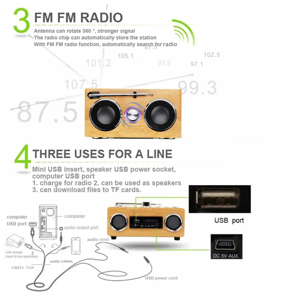 Ретро винтажное радио супер бас FM радио бамбуковый мультимедийный динамик классический приемник USB с MP3-плеером пульт дистанционного управления