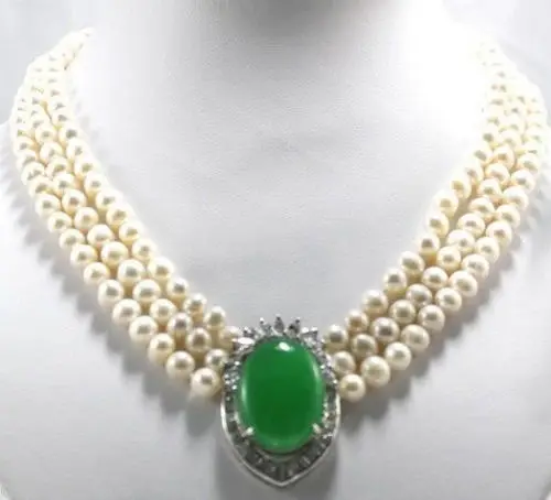 

3Strands 7-8mm White Akoya Culutred Pearl Pearl &Emerald Necklace H 5.27