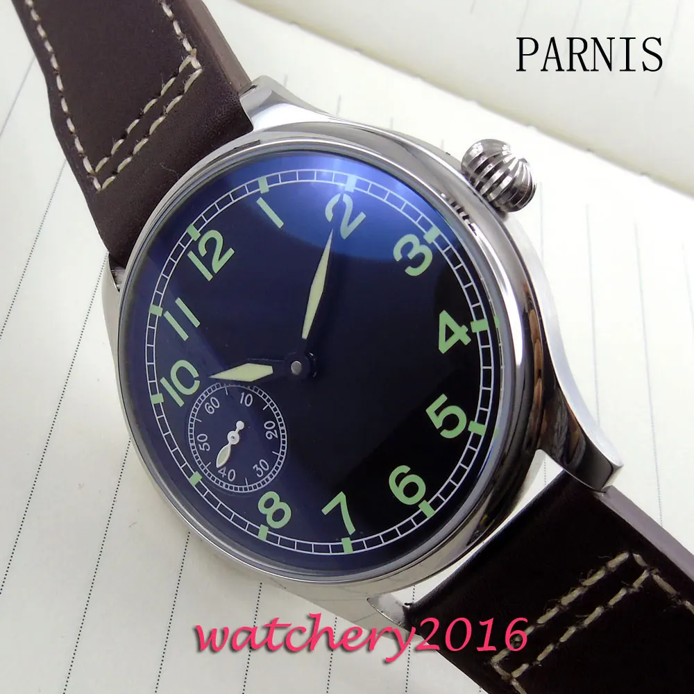 

new 44mm Parnis black dial green numbers hand winding 6497 movement Men's business Watch
