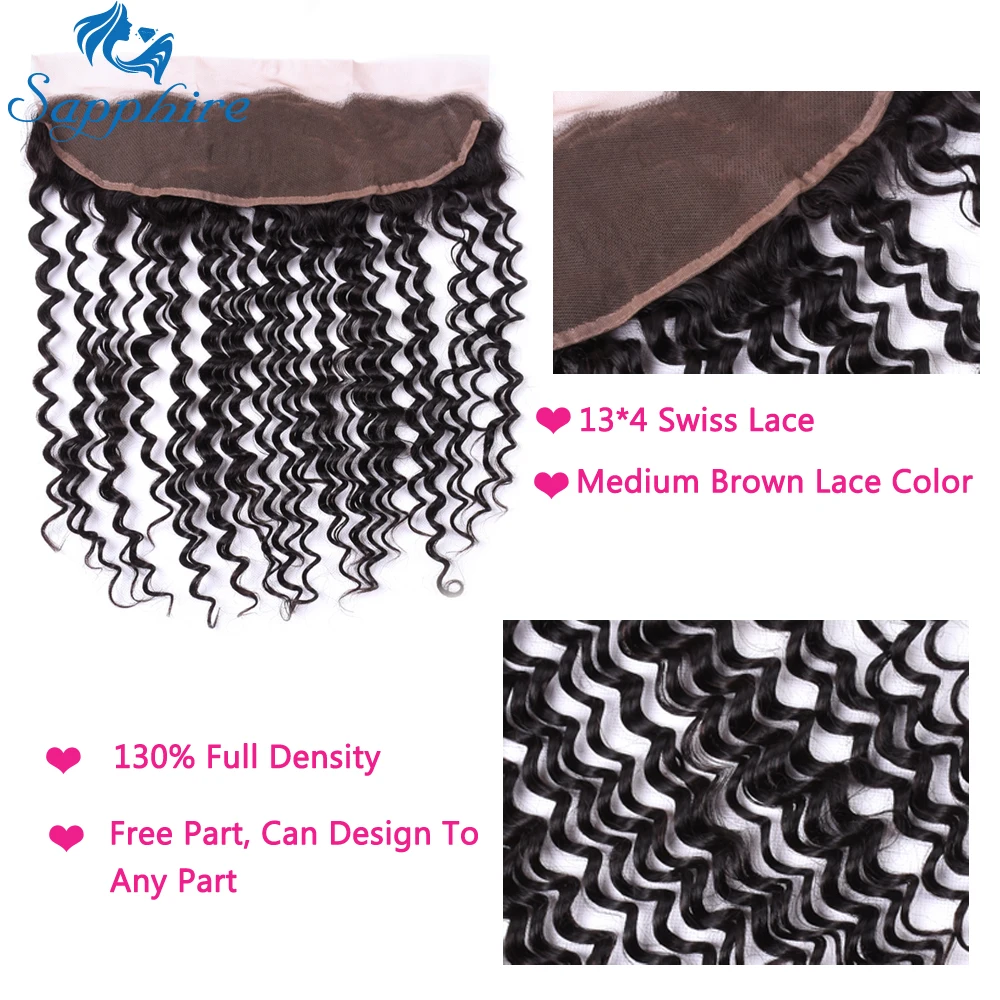 Sapphire Hair Brazilian Deep Wave 13*4 Lace Frontal Closure Human Hair Extensions Ear To Ear Brazilian Deep Curly Lace Frontal