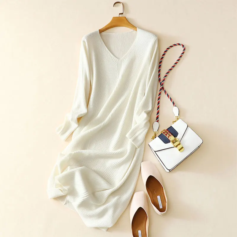Кашемировое платье с длинными рукавами, однотонное рождественское платье для девочек, высококачественное осенне-зимнее женское платье из чистого кашемира - Цвет: White
