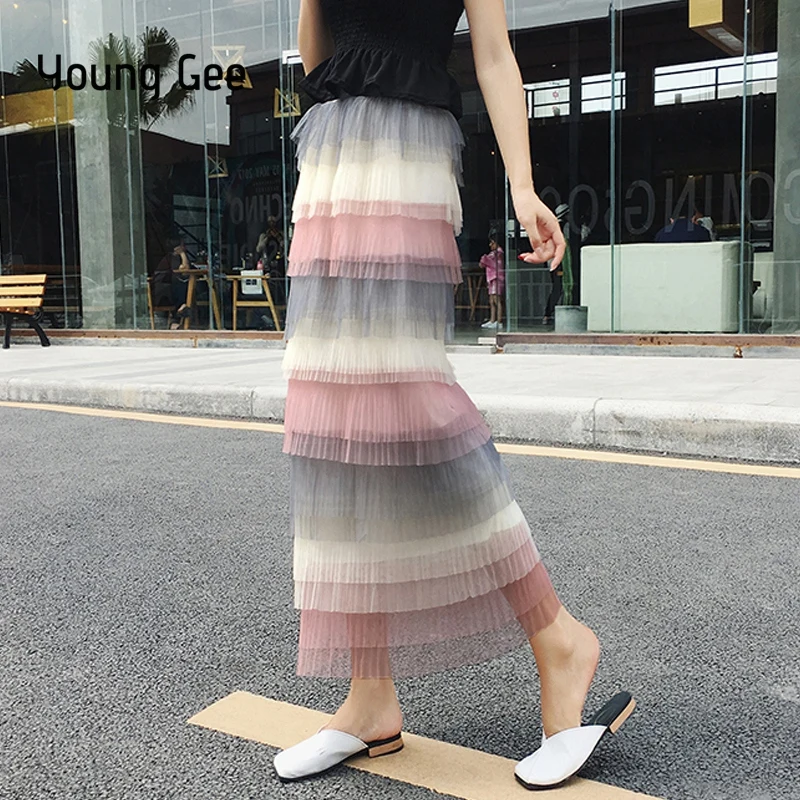 

Young Gee New High Waist Women Rainbow Mesh Cake Skirts Ankle Length Cascading Ruffles Girls Ball Gown Cute Wear Sweet Skirts