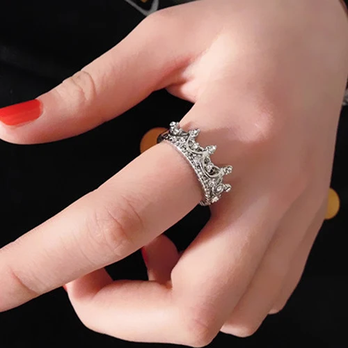 

2018 Brand Womens Hollow Queen Crown Rhinestone Silver Plated Ring Wedding Jewelry