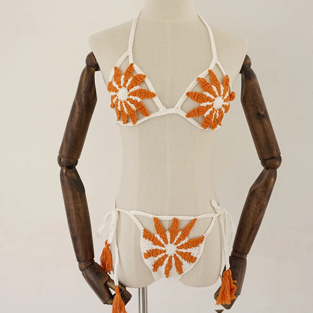 Богемный Женский комплект бикини ручной работы с цветами вязаный купальник