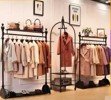 

Retro clothing store display stand wall men and women loading shelf hanger display rack European floor-standing clothes rack