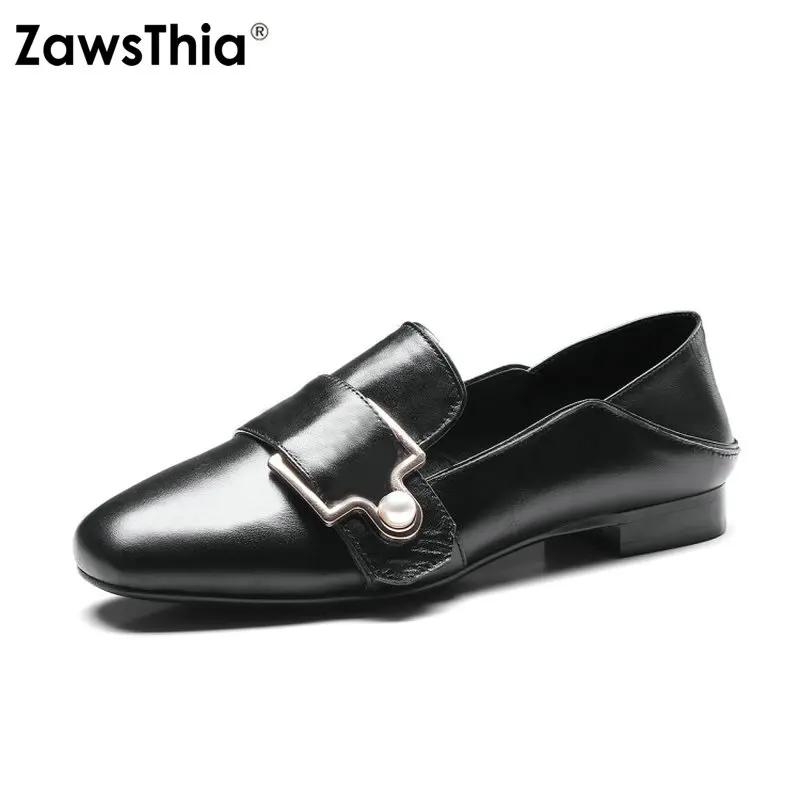 

ZawsThia high quality ladies genuine real cow leather easy slip on slippers woman loafers shoes with buckle women casual shoes