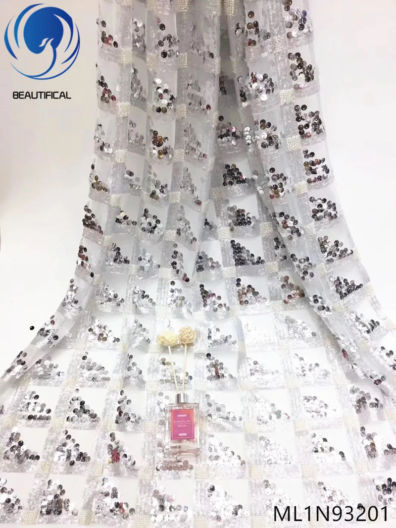 

Beautifical nigerian lace fabrics Latest design sequins net lace embroidrey 5yards nigerian lace fabrics for clothes ML1N932