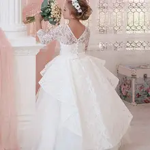 Платье с цветочным узором для девочек цвета слоновой кости; кружевное многослойное платье из тюля с круглым вырезом и длинными рукавами для девочек; платье для первого причастия; платье на день рождения