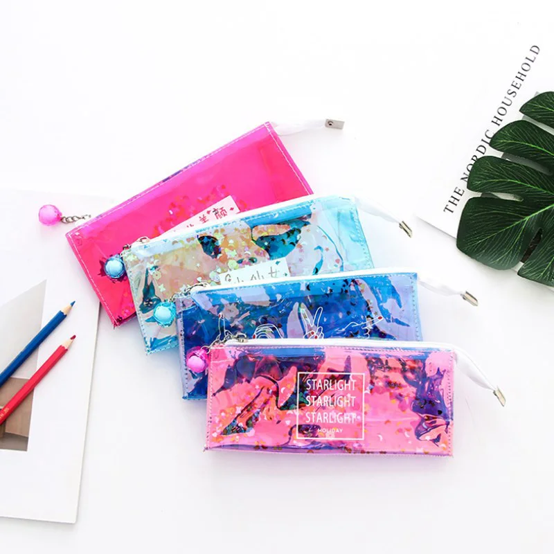 

Kawaii Laser Transparent Pen Case Creative Sequin Pencil Boxs Large Capacity Pencilcase For Girls Back To School Office Supplies