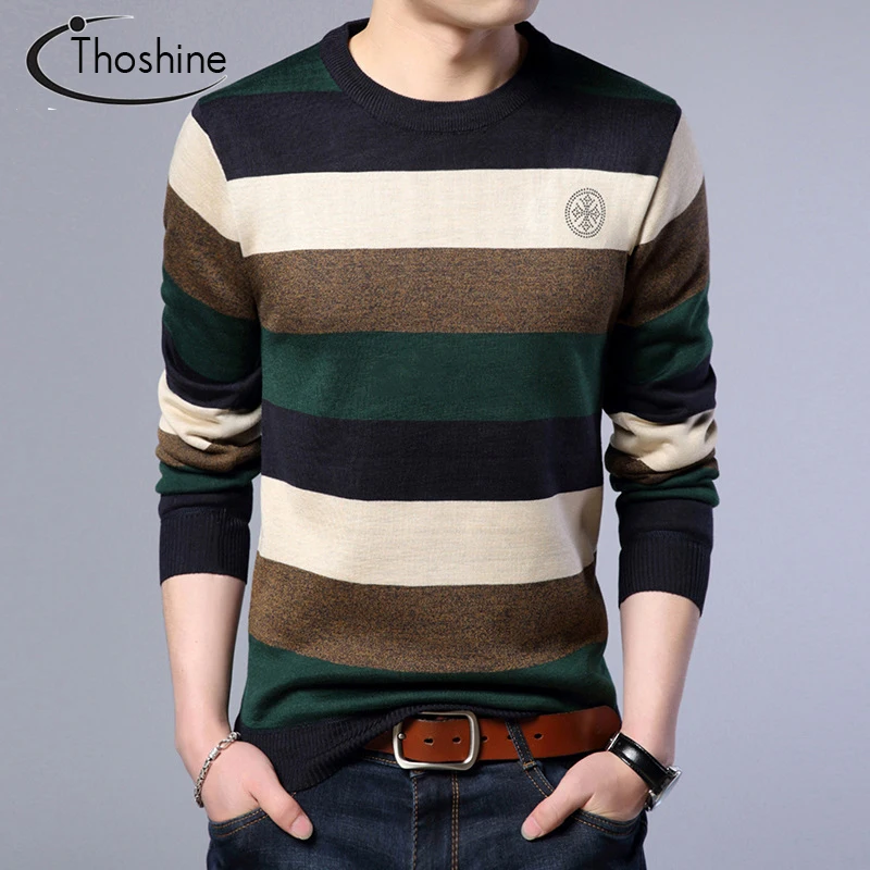 

Thoshine Brand Spring Autumn Style Men Knitted Thin Sweaters O-Neck Striped Pattern Cashmere Pullovers Casual Knitwear Long Tops