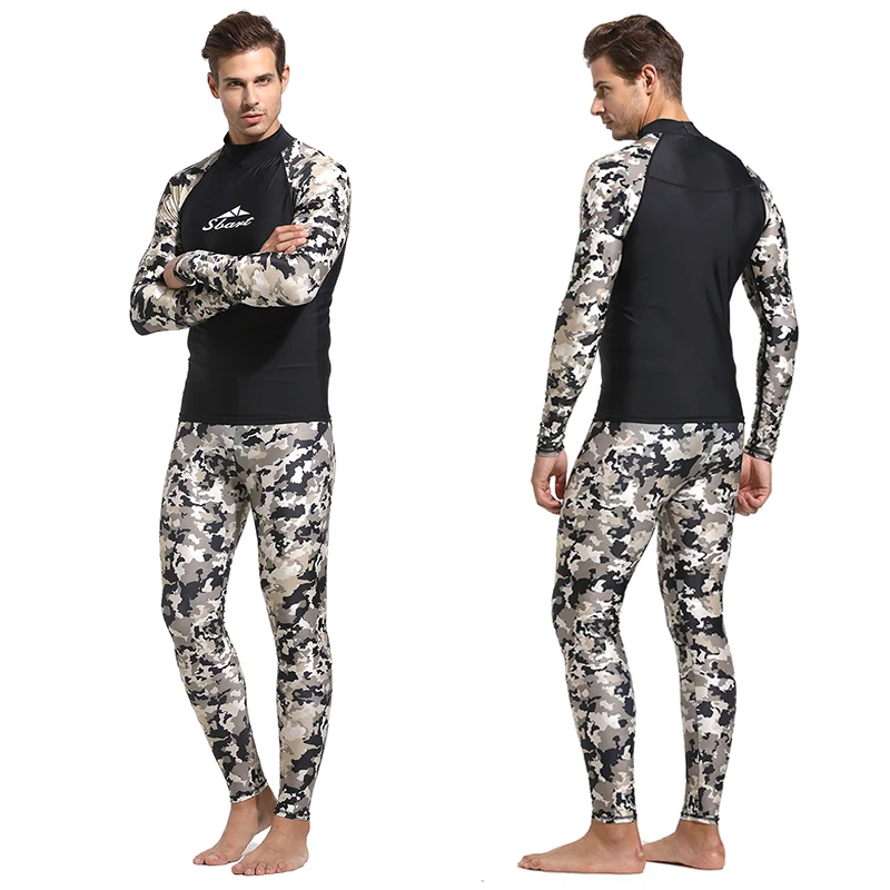 Najtaniej Męska Camo z długim rękawem Rashguard stroje kąpielowe UPF 50 + wysypka straż sportowy topy i spodnie i spódnice podstawowe do nurkowania Surfing pływanie Sun garnitur