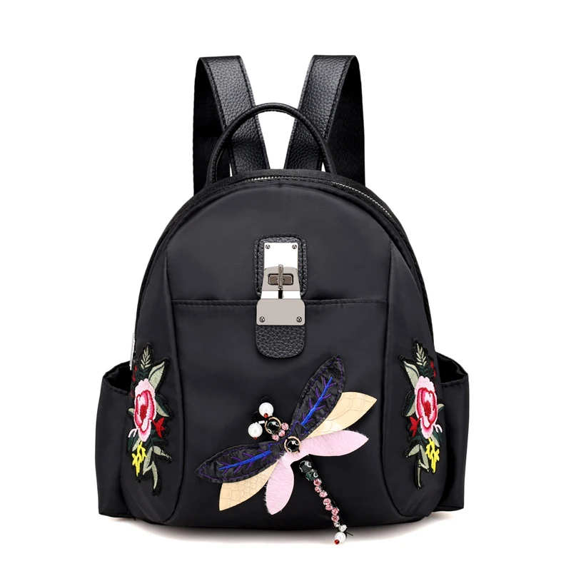 Women Fashion Embroidery Backpack High Quality Black Vintage Bag Floral Mortise Lock Shoulder Bag Travel Backpack