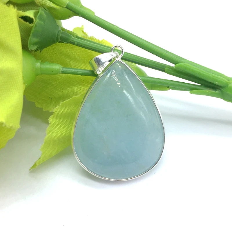 

Natural Blue Aquamarines Stone Drop Pendant Necklace Silver Color Metal 25-40 mm Cabochons Good Quality DIY