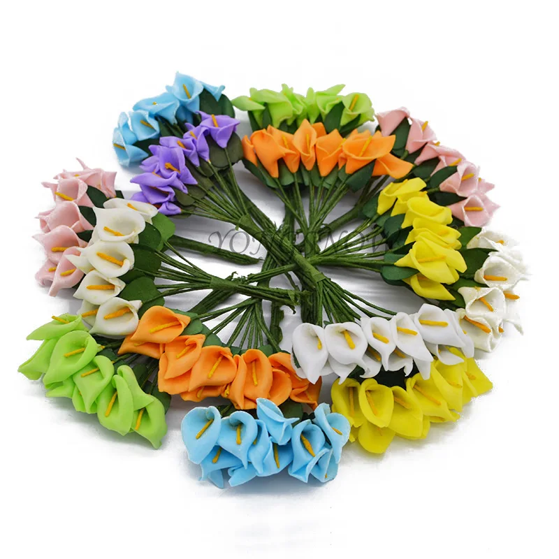 

72PCS Mini PE Calla Lily Artificial Flowers Plants Bouquet DIY Scrapbooking Flower Leaves Wedding Box Decoration Home Decor