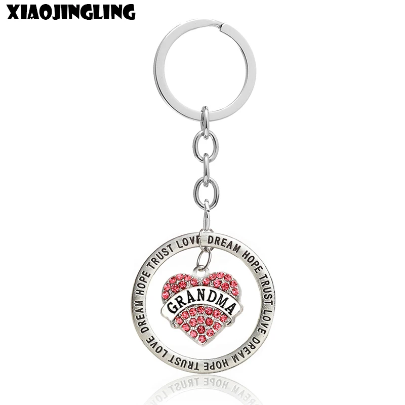 

XIAOJINGLING 2Colors Glitter Rhinestone Heart Keychain Rings Grandma Aunt Family Trust Hope Dream Key Chain Charm Birthday Gift