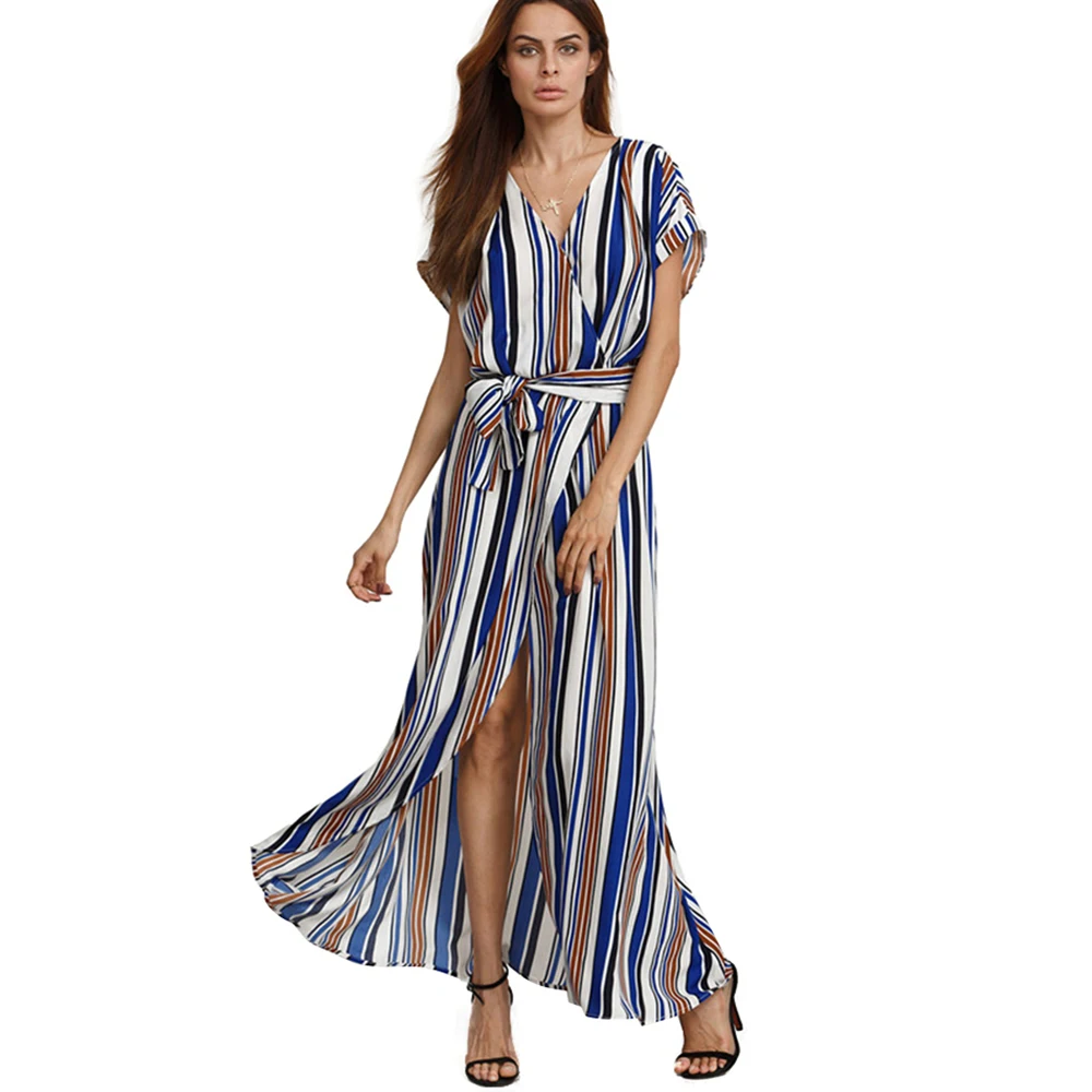 Striped long Dresses for Women Casual 2018 Summer Cotton short Sleeve