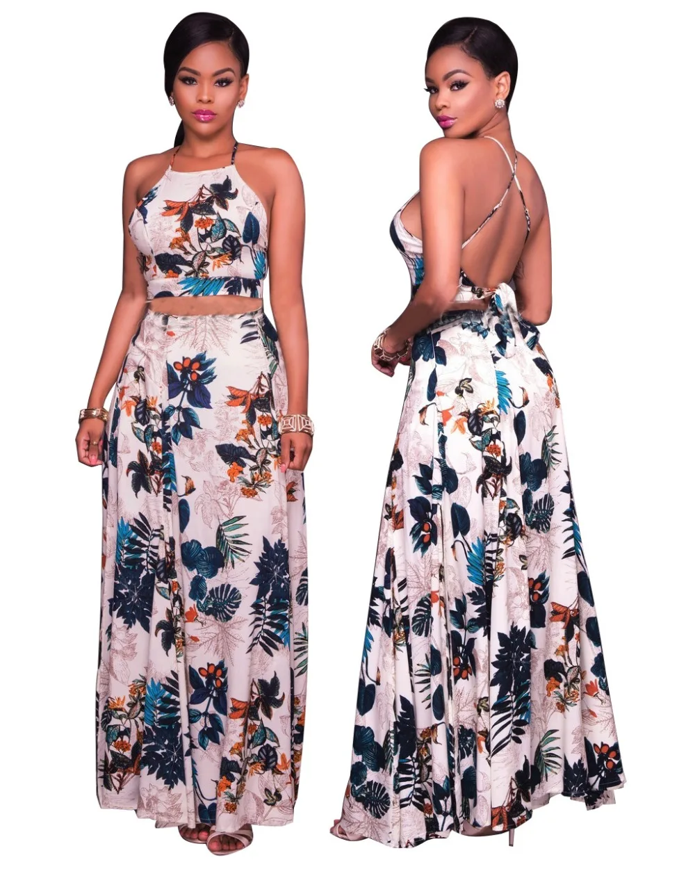 Women Floral Print Maxi Skirt Suit Summer Cross Back Crop Top And High ...