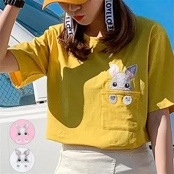 

2019 summer Korean women's stitching rabbit loose thin short-sleeved T-shirt women's cotton cute girl T-shirt