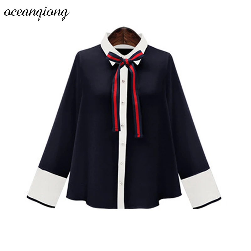  Preppy Style Bow Women Shirt Blouse Chiffon 2017 New Women's Blouses Shirt Long Sleeve Elegant Soli