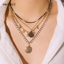 IngeSight.Z Bohemian Multi Layered Crystal Flower Choker Necklace Collar Statement Carved Coin Pendant Necklace Women Jewelry