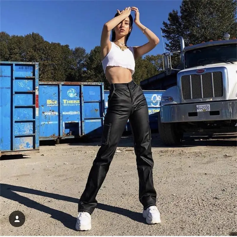 InstaHot Loose Wide Leg Pants Faux Leather PU Black High Waist Straight Pants Women Pockets Autumn Streetwear Casual Trousers InstaHot Loose Wide Leg Pants Faux Leather PU Black High Waist Straight Pants Women Pockets Autumn Streetwear Casual Trousers