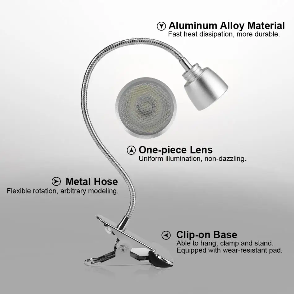 Портативный 3 Вт Мощный светодиодный настольный светильник для макияжа с серебристым USB регулируемым металлическим шлангом, светильник для татуировки с зажимом, инструменты для салона красоты