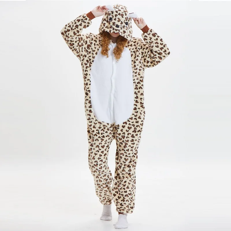 Leopard Bear Onesie Onsie Cute Animal Flannel Homewear Onesies For Adults Winter Kigurumi Long Sleeve Hooded Bear Pajamas